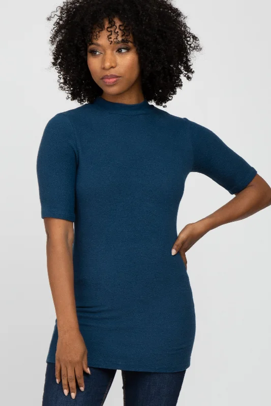 Formal Garments For Women Teal Soft Brushed Knit Mock Neck Top