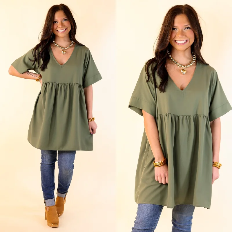 End of Season Sale Daily Delight Short Sleeve V Neck Babydoll Top in Light Olive Green