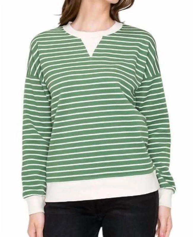 Comfortable Women's Clothes Texture Striped Long Sleeve Pullover Top In Green