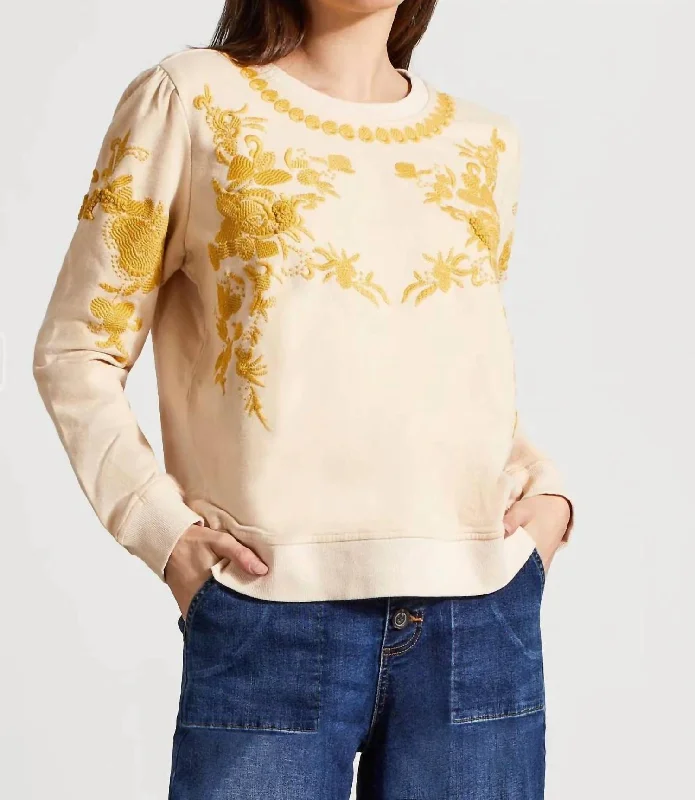 Wardrobe Upgrade French Terry Crew Neck Top With Embroidery In Moonstone