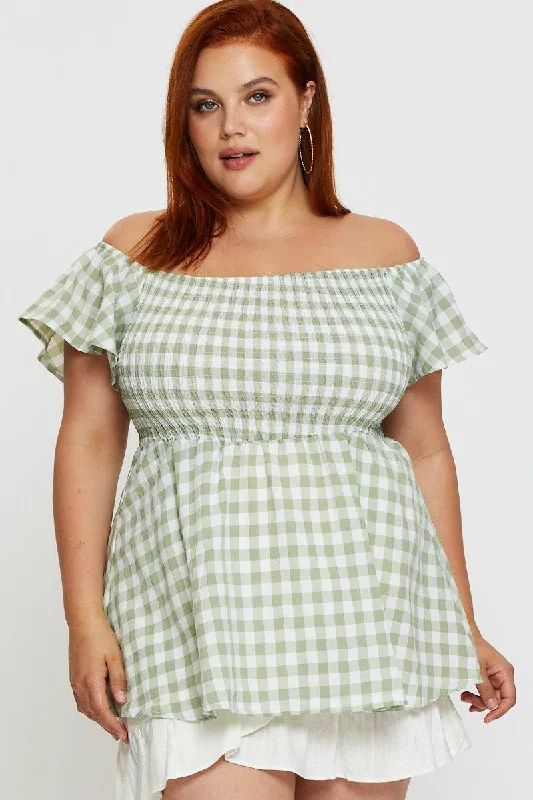 Fashion-forward Women's Wear Check Off The Shoulder Top Short Sleeve