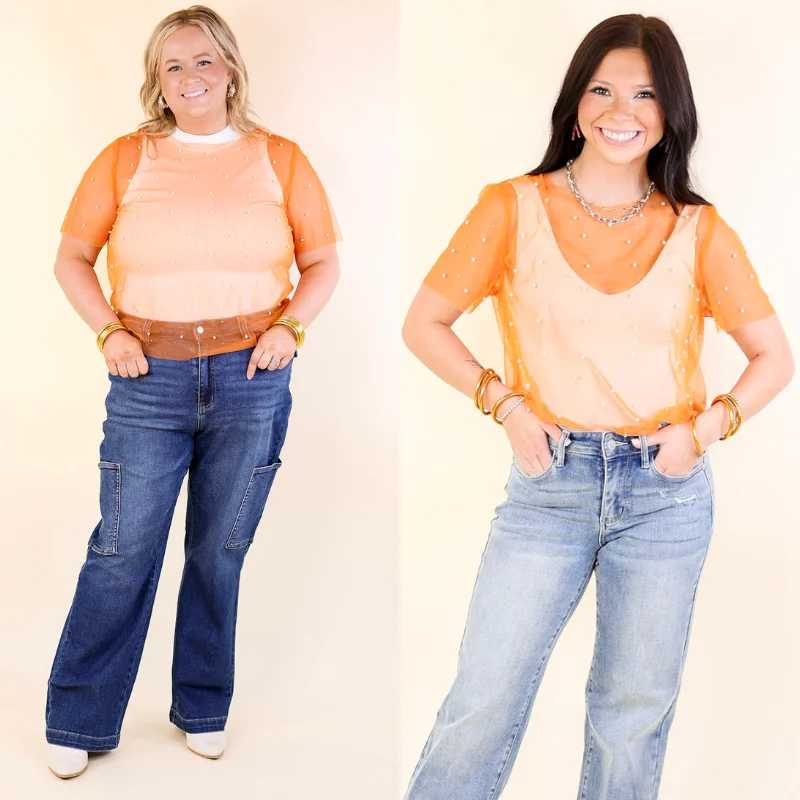 Best Boutiques Online Shimmer in Style Mesh Short Sleeve Top with Pearls and Rhinestones in Orange