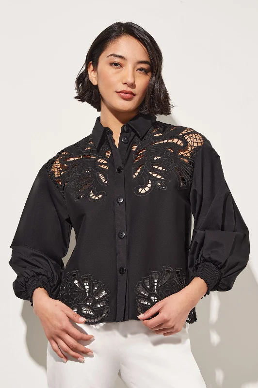 Affordable Women's Clothing Online Bishop Sleeve Blouse - Floral Lace Stretch Cotton, Black