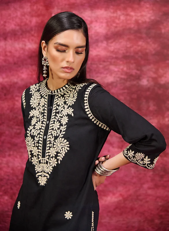 Women's Night-Out Outfit Saadgi Black Embroidered Cotton Linen Tunic for Women