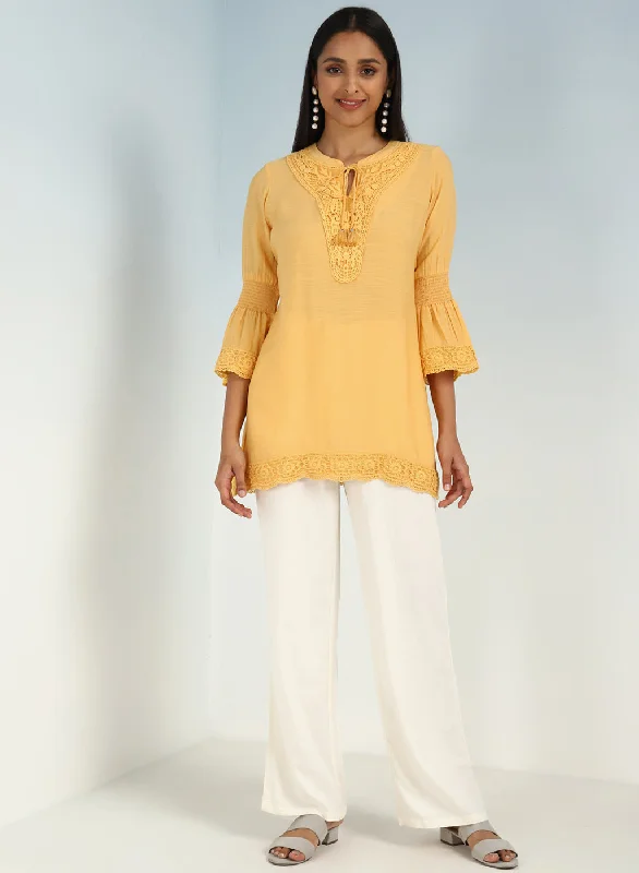 Classic Women's Clothing Styles Yellow Solid Tunic with Keyhole Neck and Bell Sleeves