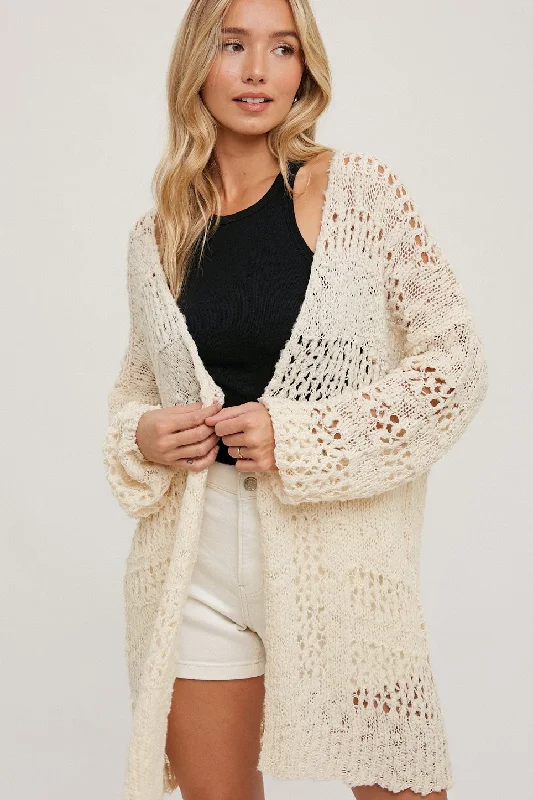 Clothes For Women Cream Open Knit Long Cardigan