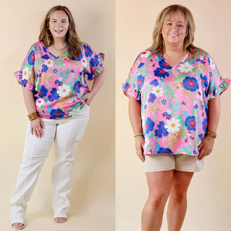 Relaxed Style Best Version Floral and Cheetah Print V Neck Top with Ruffle Short Sleeves in Pink