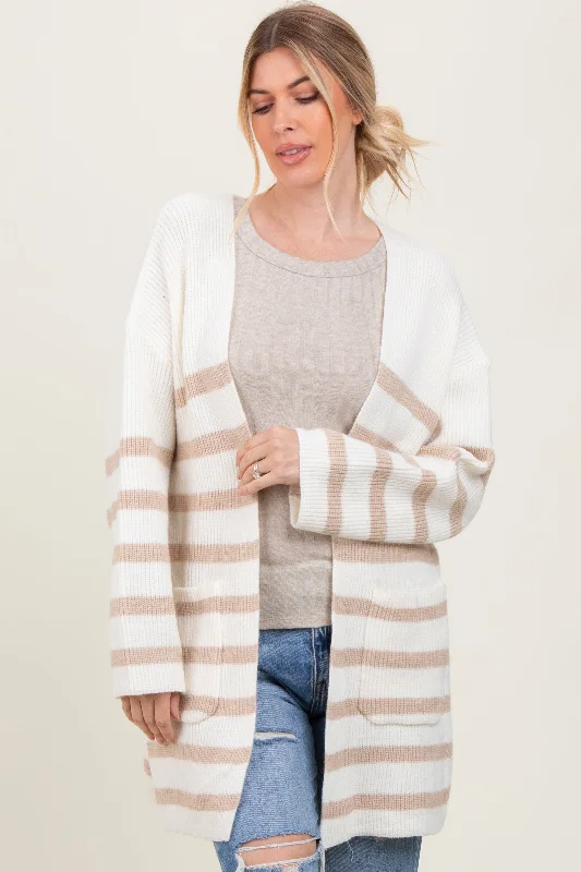 Women's Functional Apparel For Outdoor Activities Ivory Beige Knit Striped Long Cardigan