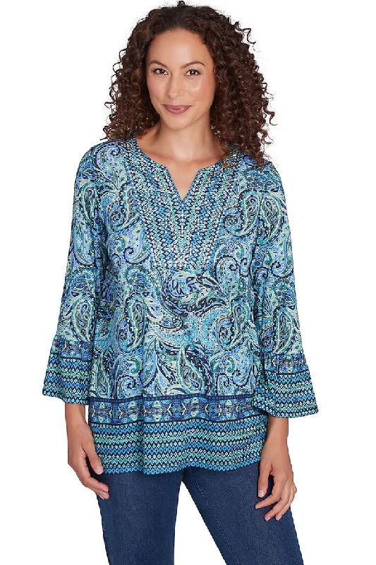 Women's Garments Paisley Patch Jeweled Split Neck Tunic