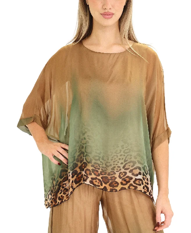 Women's Garments Silk Ombre Leopard Print Top