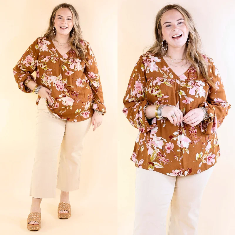 Women's Trendy Clothes Fall In The City Floral V Neck Top with Long Sleeves in Camel Brown