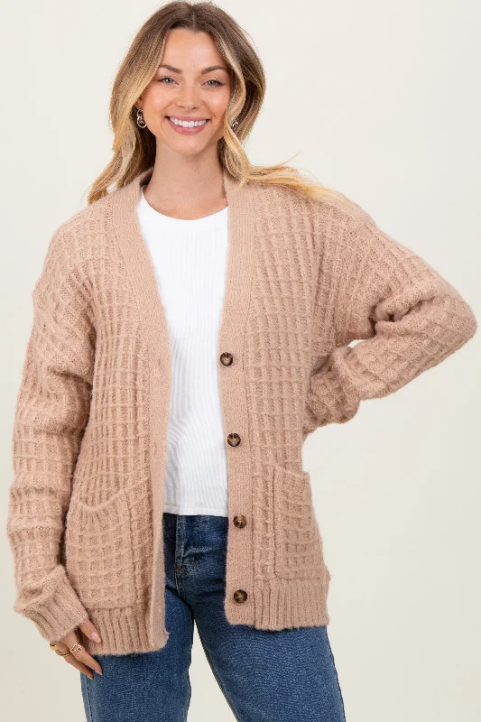 Affordable Women's Clothes Beige Waffle Knit Button Up Cardigan