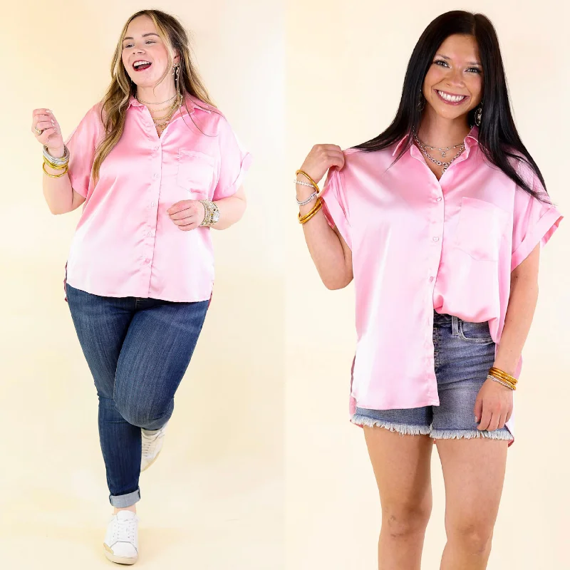 Trendy Outfits For Girls Free To Be Fab Button Up Short Sleeve Top in Light Pink