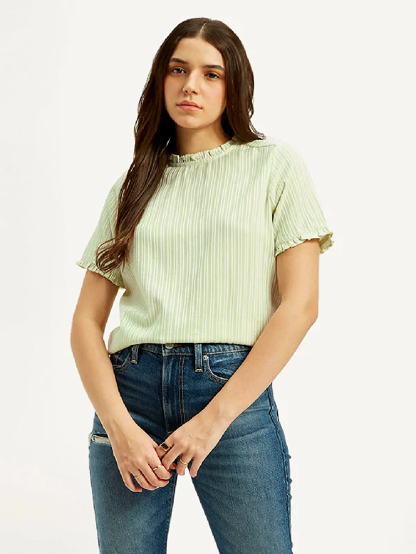 Clearance Sale Women's Striped Light Green Collar Neck Top