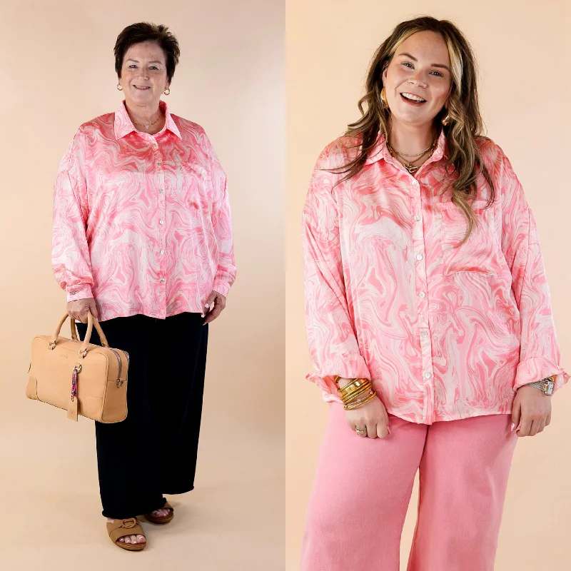 Women's Everyday Apparel Pack A Punch Button Up Satin Marble Print Top in Pink