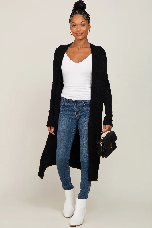 Clothes For Woman Black Open Front Long Cardigan