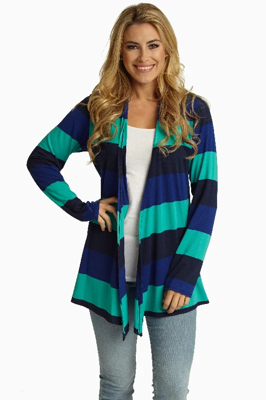 Casual Chic Royal Jade Navy Striped Colorblock Cardigan