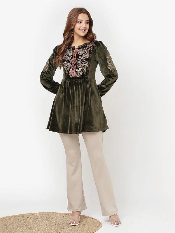 Women's Athletic Outfit Olive Velvet Tunic with Threadwork and Tassels