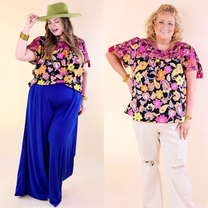 Versatile Outfits Sweet And Charming Paisley and Floral Print Top with Purple Floral Embroidery in Black