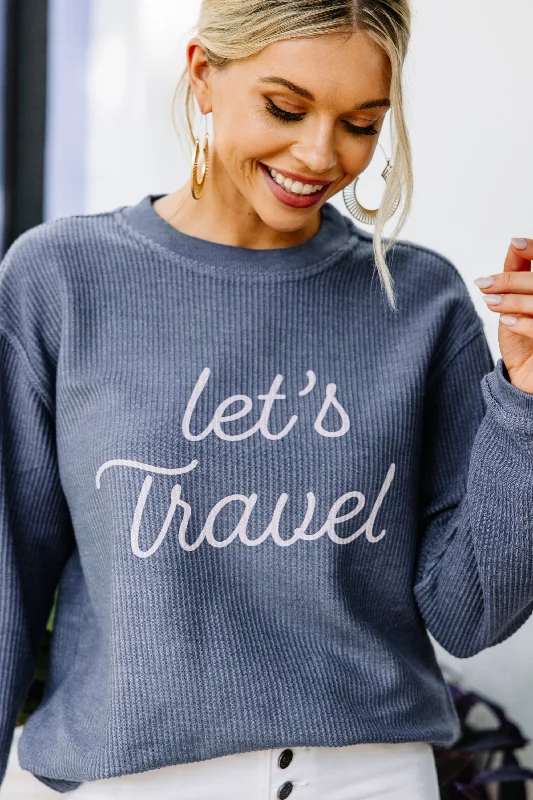 Chic Women's Attire Let's Travel Corded Navy Blue Sweatshirt