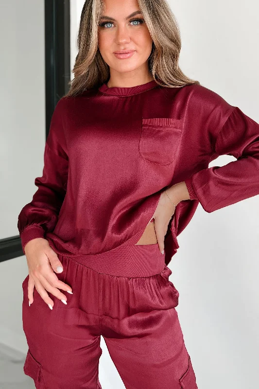 Latest Fashion for Women Taking What's Owed Satin Long Sleeve Top (Maroon)