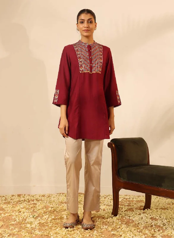 Women's Vacation Attire Maroon Collared Tunic with Intricate Embroidery and Bell Sleeves