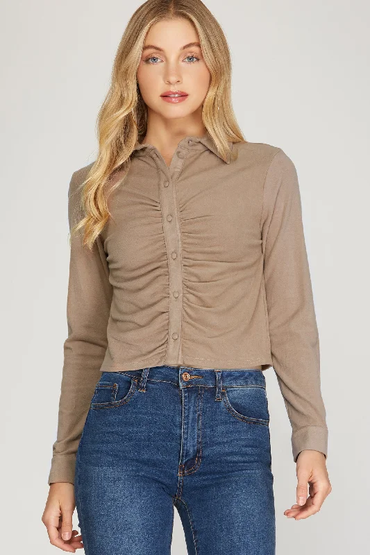 Charming Women's Outfit For Special Occasions Long Cuff Sleeve Brushed Stretch Knit Top With Front Shirring Detail