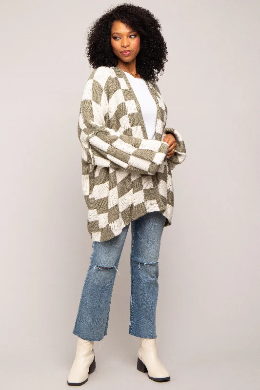 Online Boutique Stores Olive Checkered Print Oversized Cardigan