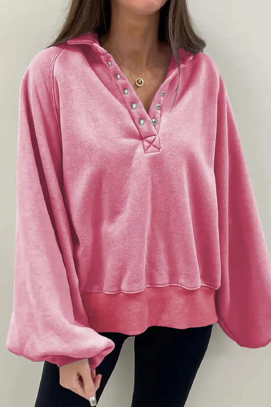 Women's Comfortable Lounge Garments Snap Buttons Collared Balloon Sleeve Oversized Sweatshirt