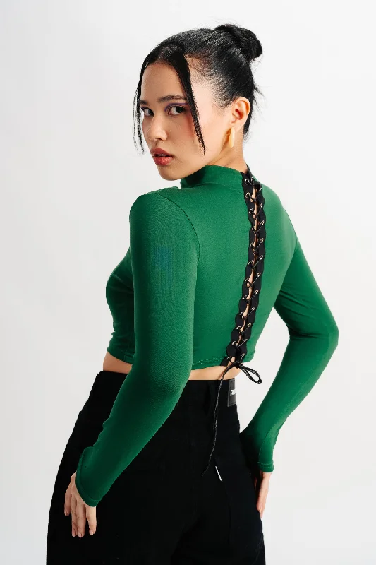 Women's Date Night Outfit Cropped Long Sleeve Green Knit Top