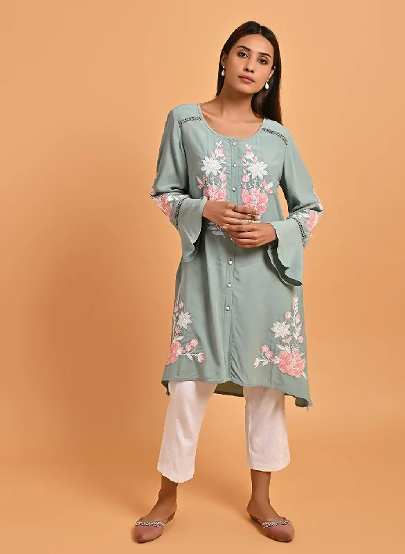 Women's Vintage-Inspired Outfit Spa Blue Patchwork Embroidered Tunic with Asymmetrical Hemline