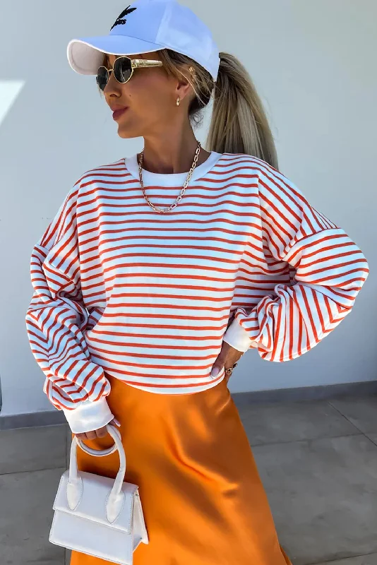 Chic Clothes For Women Stripe Drop Shoulder Crew Neck Loose Sweatshirt