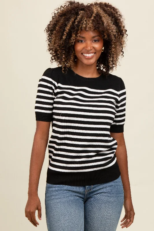 Women's Clothes Black Striped Short Sleeve Knit Top