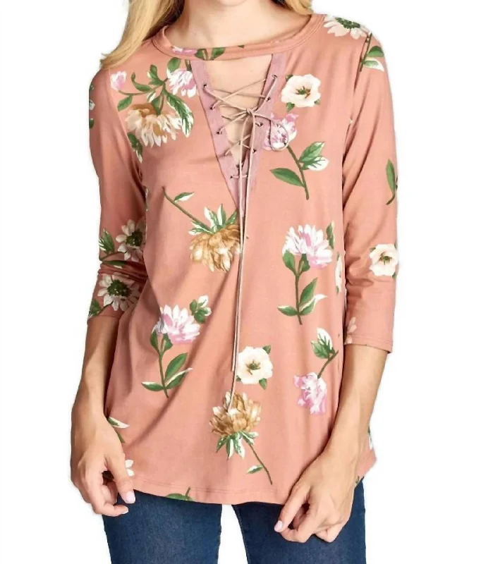 Women's Effortless Casual Outfit Lace Up Floral Brushed Knit Top In Mauve