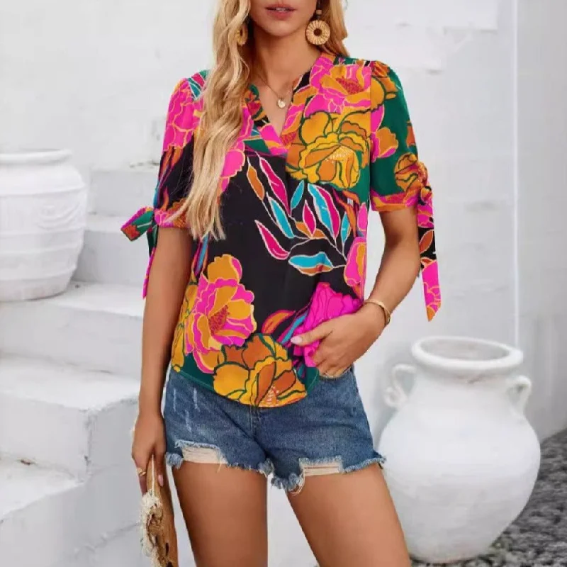 Vintage-Inspired Garments Womens Colorful Summer V Neck Floral Top