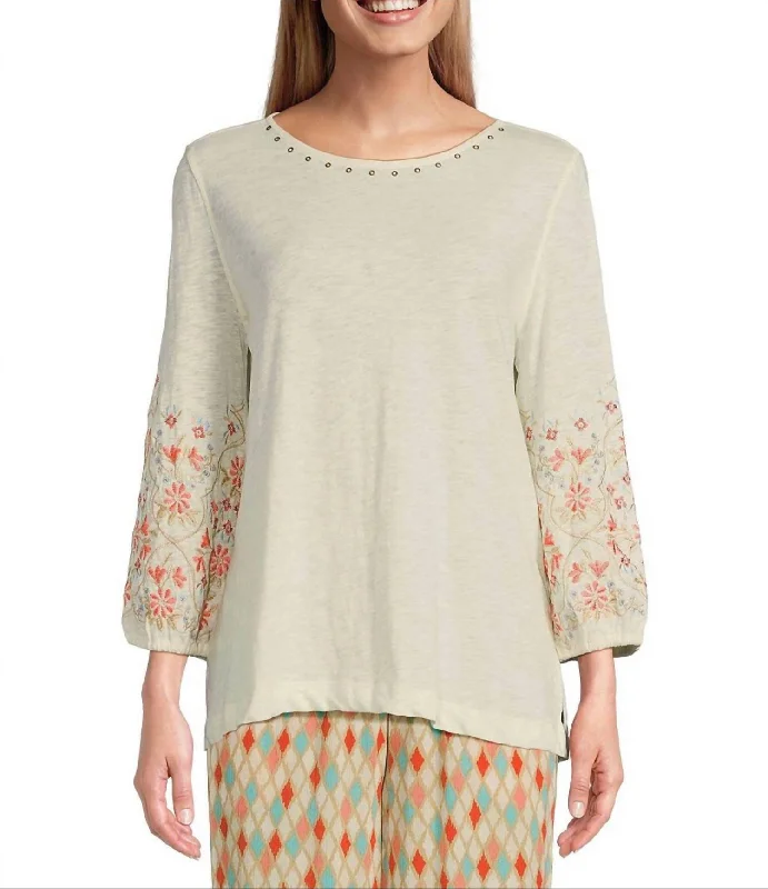 Casual Wear 3/4 Sleeve Scoop Neck Top With Embroidery In Ivory