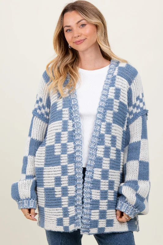 Women's Formal Clothes Blue Mixed Check Pattern Chunky Cardigan