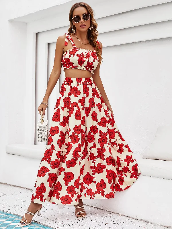 Comfortable Casual Wear Floral Tie Shoulder Top and Tiered Maxi Skirt Set