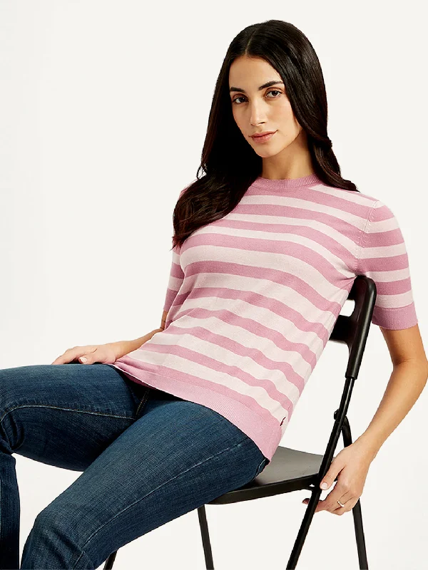 Eclectic Fashion Women's Striped Pink Crew Neck Top