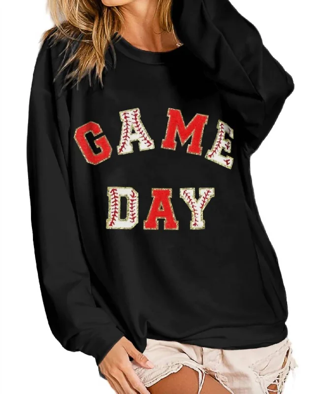 Luxury Fashion Baseball Game Day Patches French Terry Pullover In Black