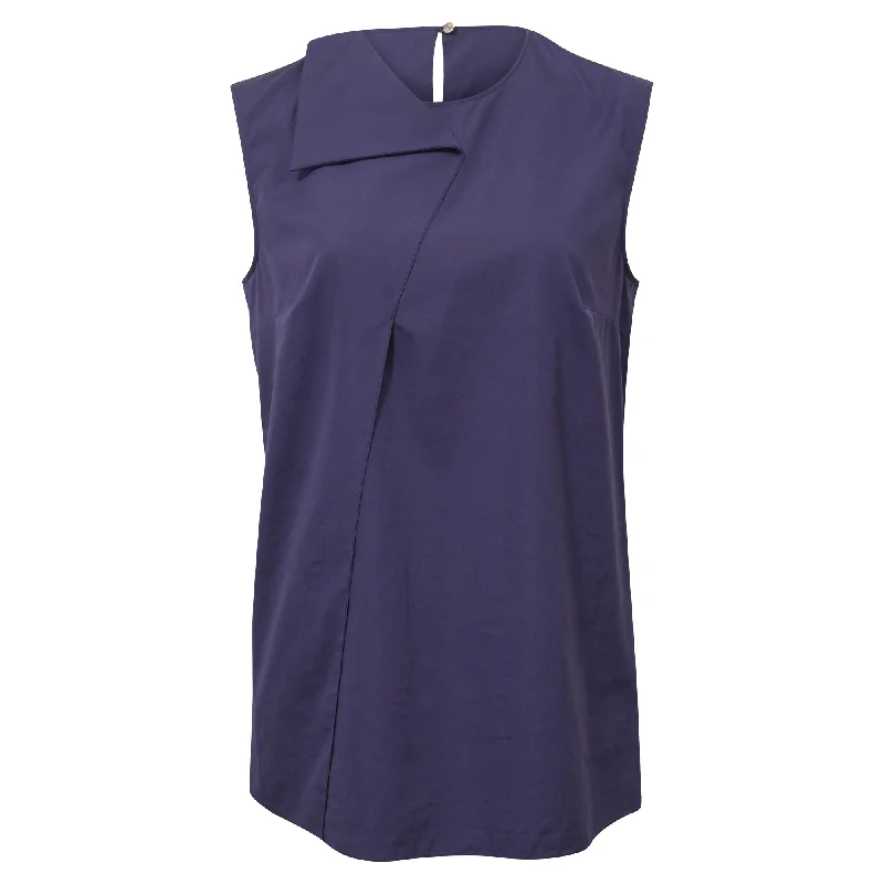 Trendy Women's Outfits for Casual Wear Hermes Folded Collar Sleeveless Top in Navy Cotton