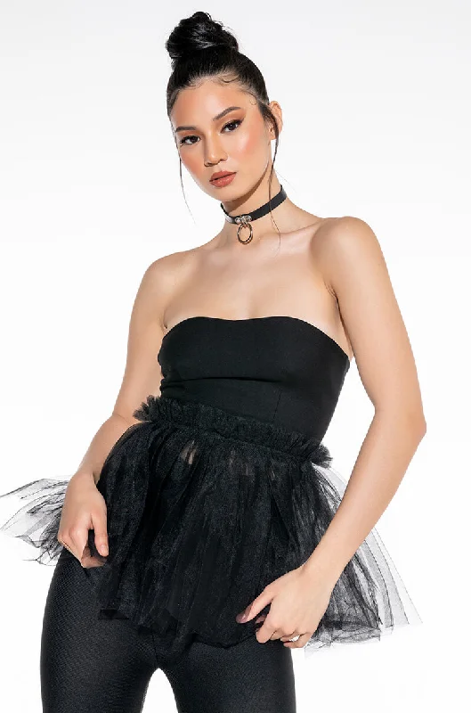 Women's Seasonal Attire DANCE TO THIS STRAPLESS TULLE PEPLUM BLOUSE