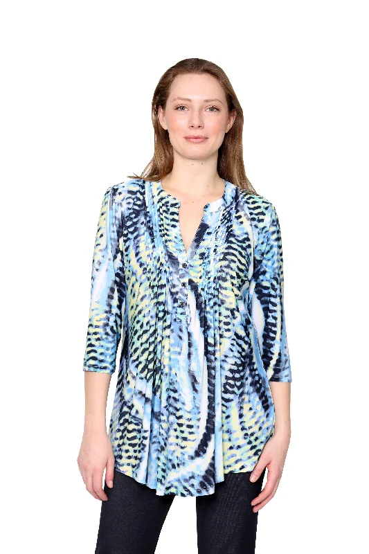 Comfortable Loungewear for Women La Cera Pleat Front Printed Tunic Blue Yellow