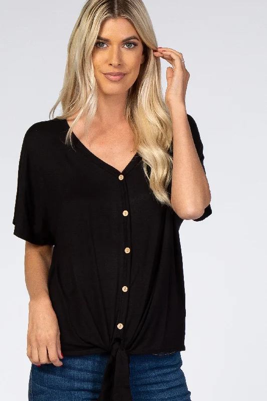 Casual Fashion Black Tie Front Short Sleeve Top