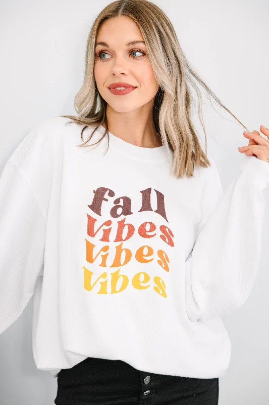 Women's Chic Outerwear Attire All The Fall Vibes White Corded Graphic Sweatshirt