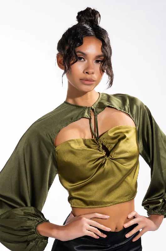 Women's Clothing SEEING GREEN BLOUSON SLEEVE CUTOUT SATIN BLOUSE