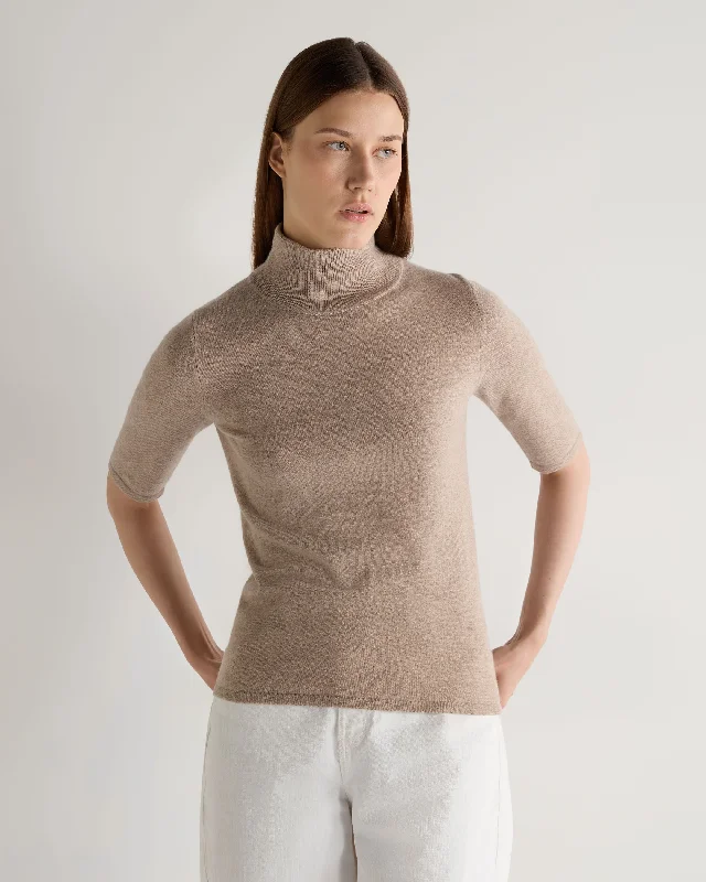 Women's Everyday Garments Women's Mock Neck Cashmere T-Shirt Oatmeal Brown