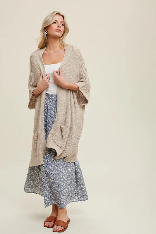 Trend Alert Cream Drop Shoulder Side Pocket 3/4 Sleeve Cardigan