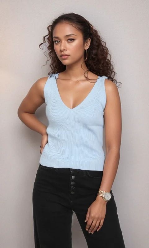 Clothing Woman Women Fitted Knit Top (Baby Blue)