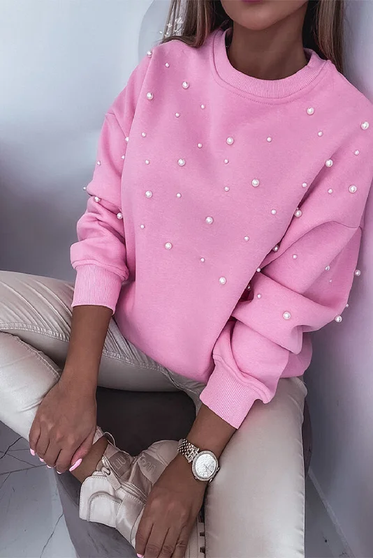 Eclectic Fashion Pearl Detail Ribbed Crew Neck Sweatshirt